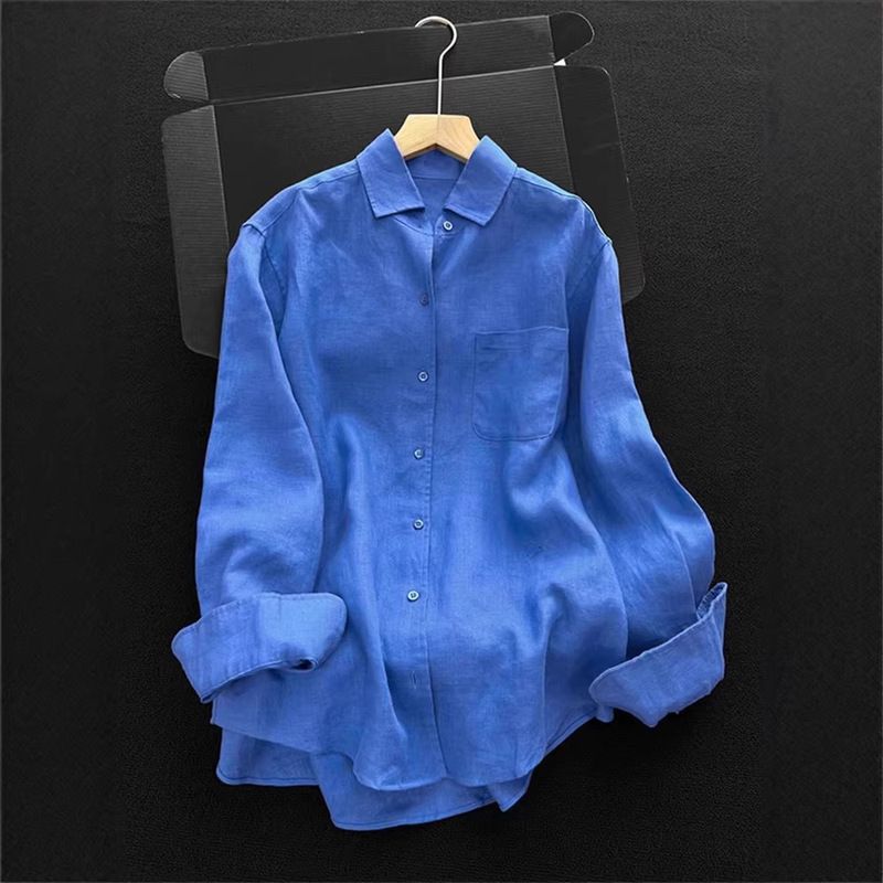 Chao Recommends! Klein Blue Linen Sun-Protective Shirt for Women, Autumn Layering or Standalone Wear, Versatile Top, Linen Shirt for Women