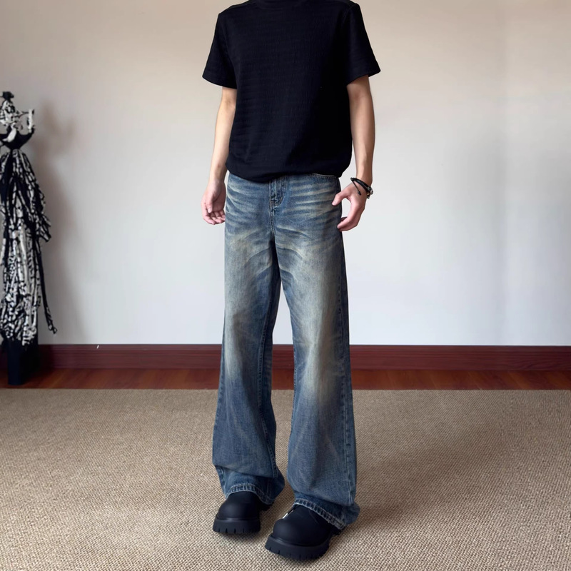 American Retro Whiskered A-Line Jeans for Men, High Street Straight Loose Fit Washed Cleanfit Long Pants