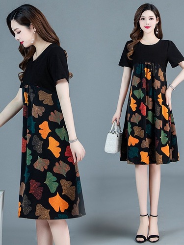 Women's Summer Loose Short-Sleeve Dress with Elegant and Trendy Style, Youthful Design, Plus Size, Fat Print, Splicing, Mother Dress
