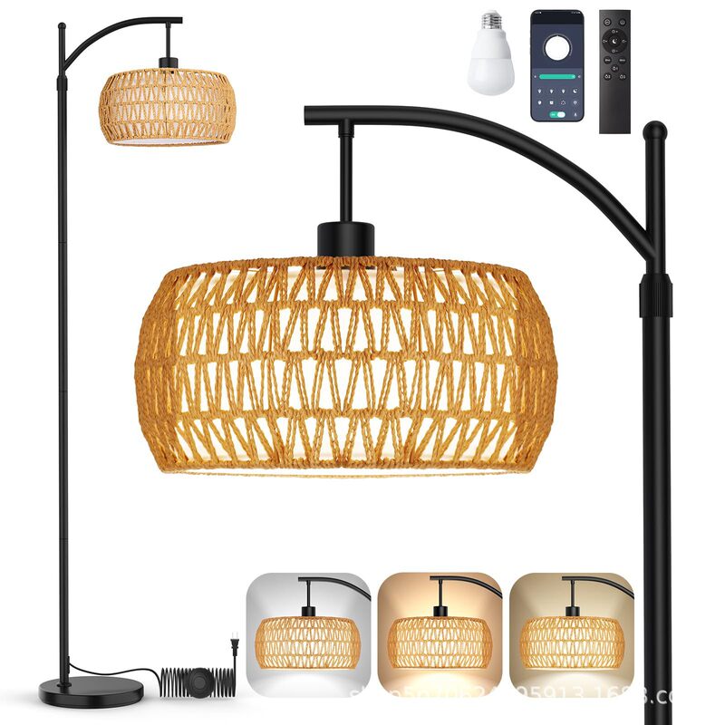 Cross-Border American-Style Rattan Round Floor Lamp, Woven Amazon New Product, Popular Handmade Vintage Fabric Art