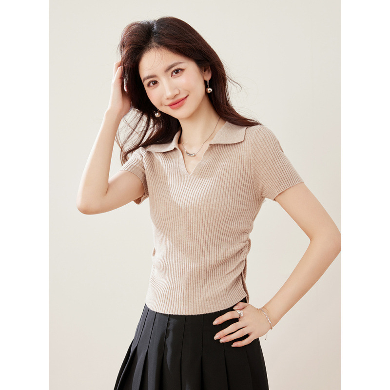 Sen 7262 French Sweet Polo Collar Knitwear Versatile Short-Sleeved T-Shirt for Women 2025 New Short Slim Top
