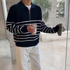 白黒のストライプのセーターの男性の韓国版の襟のニットの小さい大衆の高級感のカップルのガードルのカジュアルなpoloシャツのコート