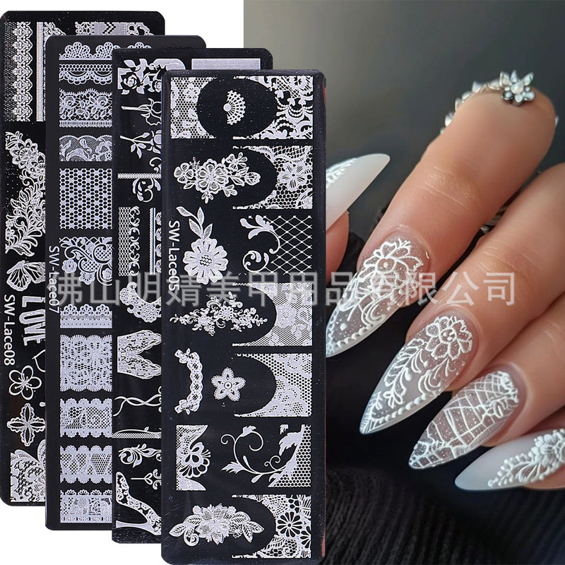 Cross-border hot lace nail art steel plate ins style lace French bow flower jewelry nail art printing template