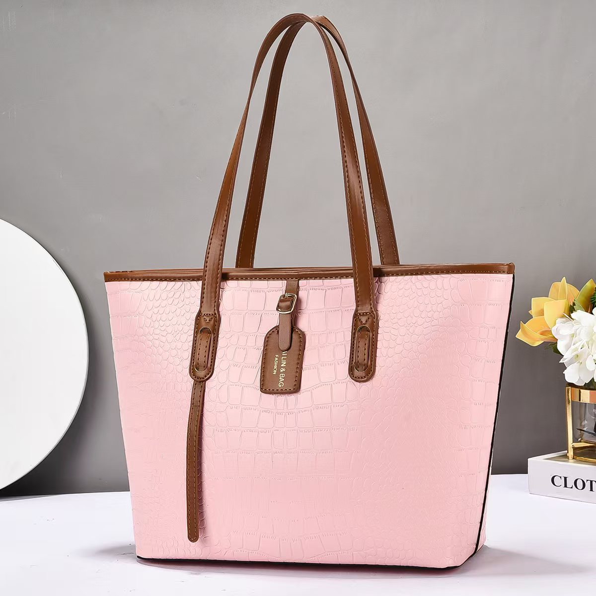 Women's Large Crocodile Pattern Tote Shoulder Bag Faux Leather_voghion.com