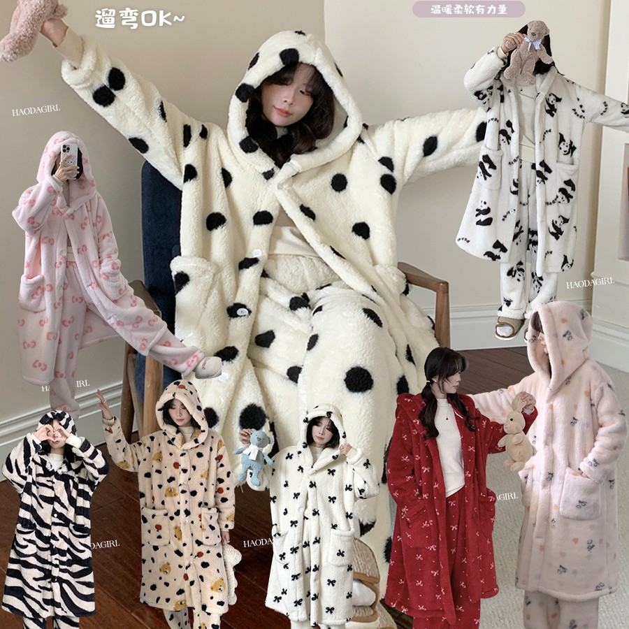 慵懒风柔软睡袍秋冬加厚款甜美可爱家居套装宽松舒适保暖亲肤睡裙