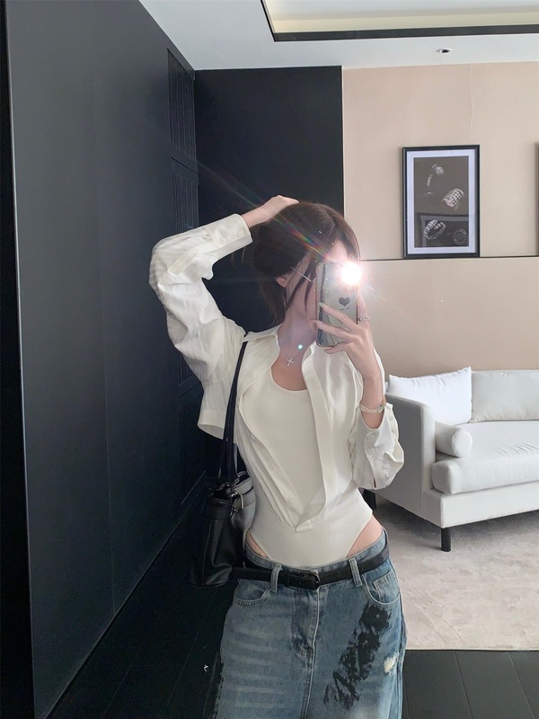拼接假两件polo领长袖衬衫女早秋修身收腰衬衣白色上衣纯欲连体衣|undefined