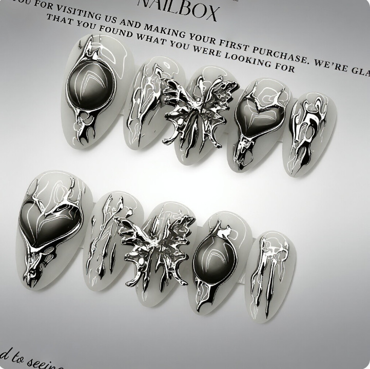 Sweet and Cool Dark Metal Style Butterfly Silver-Plated Wearable Nails, Spicy Girl's Selection, Cross-Border Ultra-Short Almond Nail Stickers, High Quality Sweet and Cool Dark Metal Style Butterfly Silver-Plated Wearable Nails, Spicy Girl's Selection, Cross-Border Ultra-Short Almond Nail Stickers, High Quality