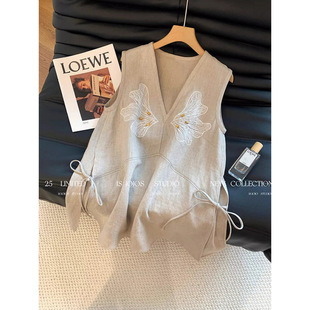 French-Style Vintage Embroidered V-Neck Sleeveless Tank Top for Women, Summer Plus Size Unique and Beautiful Versatile Top