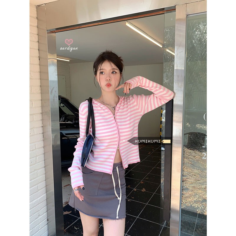 Pink short sweater striped bottoming shirt hooded long-sleeved cardigan coat women's autumn casual sweater top