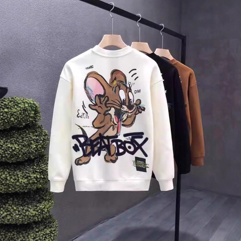 Autumn Back Cartoon Print Men's Round Neck Long-Sleeved Sweatshirt Fashion Trendy Youth Fashion Loose and Handsome Top