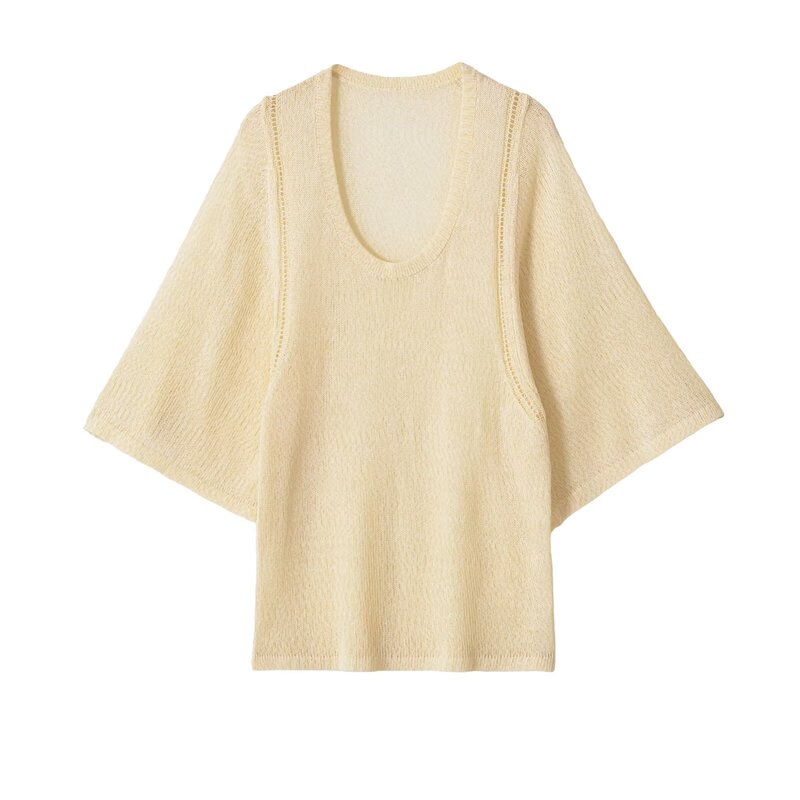 Myst&Za European and American Summer New Women's Clothing Simple Round Neck Wide-Sleeved Side Cut-Out Loose Knitted Sweater 6427027