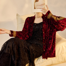 新中式高定秋季新款丝绒衬衫女抓皱烫金民族风长袖国风上衣 N9046