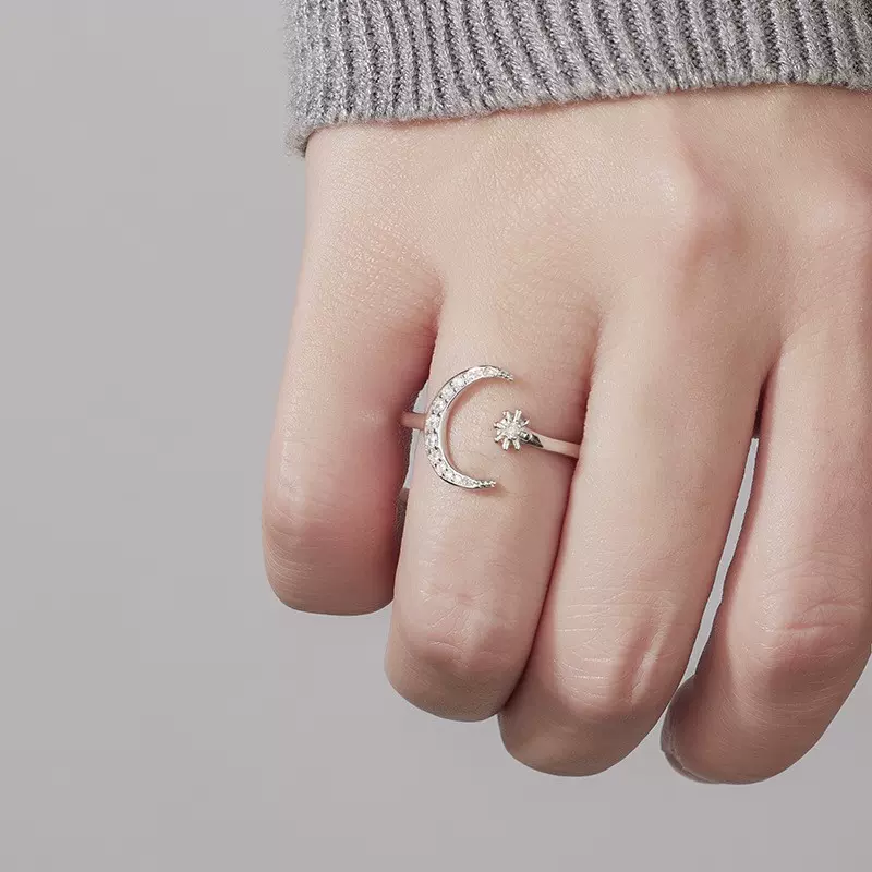 S925纯银高级设计星星月亮镶钻戒指欧美个性时尚月牙食指活口戒指