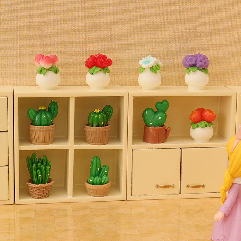 娃娃屋迷你仿真微缩玫瑰花瓶仙人掌模型摆件手工diy场景装饰配件