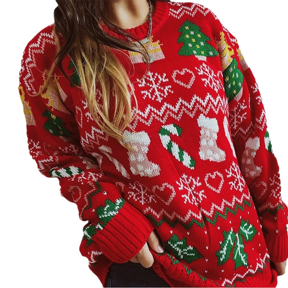 2023 transfronteriza Amazon suéter de Navidad calcetines de Navidad copo de nieve suéter de punto de cuello redondo suelto de manga larga suéter femenino