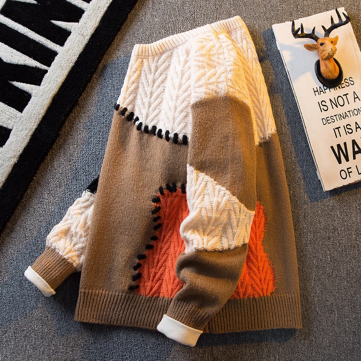 Moda comercio exterior pedido diario RC otoño e invierno nuevo producto costura japonesa contraste color jersey de longitud media suéter de punto oversize