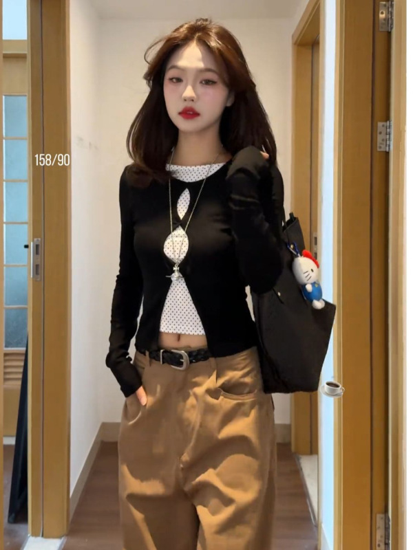 【工厂直发】假两件镂空波点长袖t恤女5秋季新修身显瘦小众打底衫|undefined