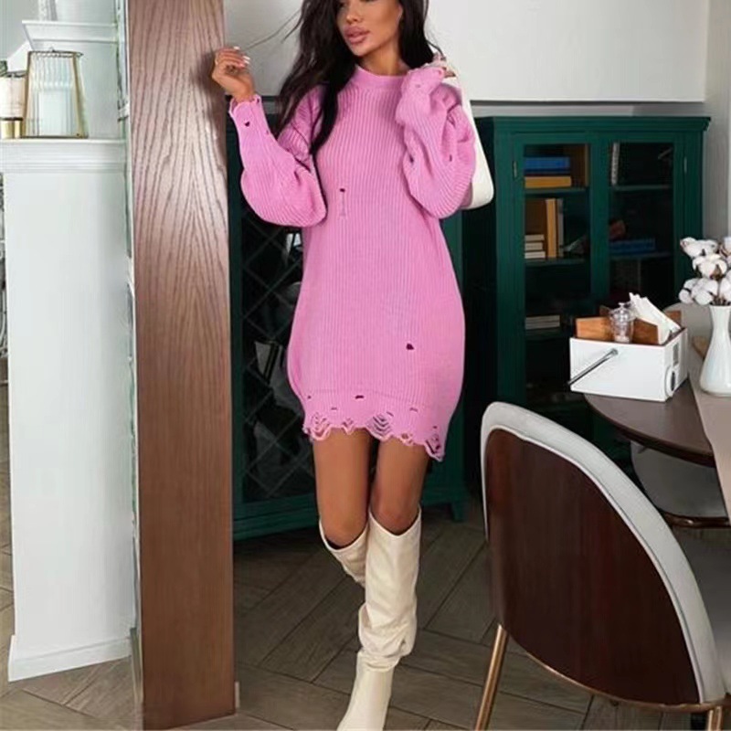 Loose Fit Type Wholesale Women's Casual Solid Color Long Sleeve Ripped Sweaters & Cardigans