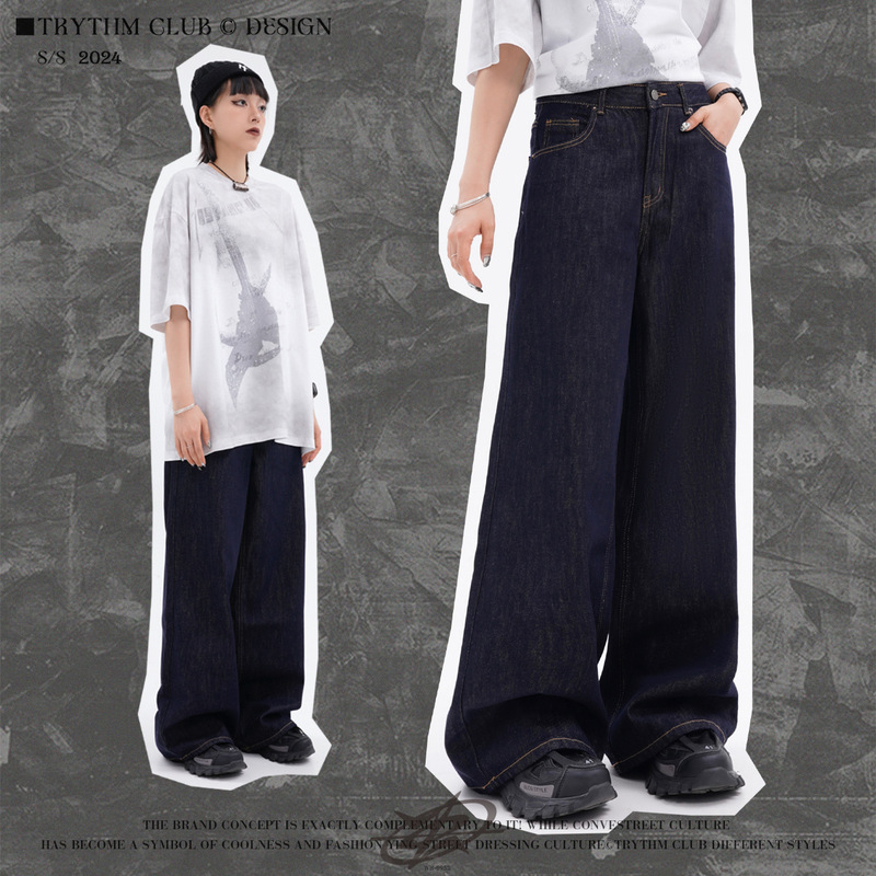 WHOOWAP Washed Contrast Stitch dark blue Jeans All-Match Stretch Tannin Casual Slim-Fit Leather Straight