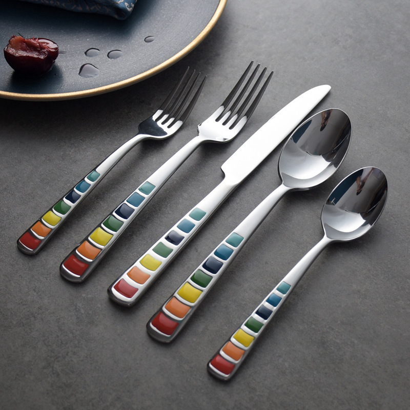 Colorful Enamel Western-style Knife, Fork and Spoon Set Household Adult Stainless Steel Knife, Fork and Spoon Children's Fork Spoon
