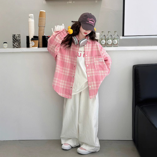 Women's Long-Sleeve Spring and Autumn 2025 New Arrival Korean-Style Checkered Stylish Collared Top Children's Shirt Outerwear