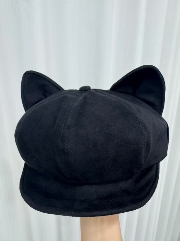 麂皮绒猫耳贝雷帽子女秋冬季新款纯色复古百搭八角帽显脸小画家帽|undefined