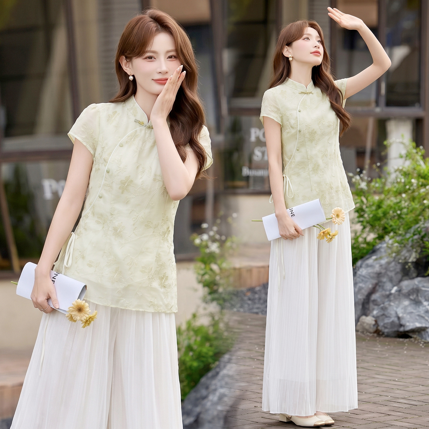 Bộ áo sơ mi cổ đức in họa tiết kết hợp quần dài hai mảnh nữ thời trang — Xanh lá cây nhạtcolor, Vàng nhạt