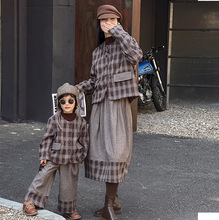 一起玩亲子装母子母女套装儿童宝宝文艺格纹平色毛呢外套阔腿裤套