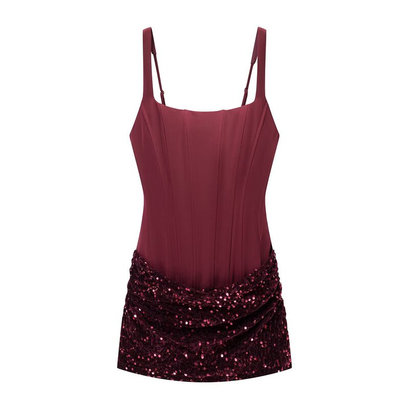 2026 New European and American Style Sexy Spaghetti Strap Sequin Patchwork Shiny Dress Retro Square Neck Slim Fit Mini Dress