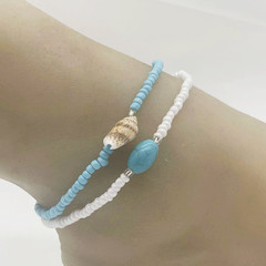European and American cross-border jewelry Bohemian beaded shell double-layer anklet for women summer beach rice bead set foot jewelry