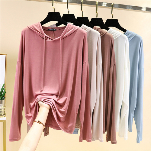 Modest Long-Sleeve Hooded T-Shirt for Women - Spring and Summer Plus Size Hooded Sweatshirt - Loose Inner Layer Top - Slimming Sun Protection Thin Upper Garment