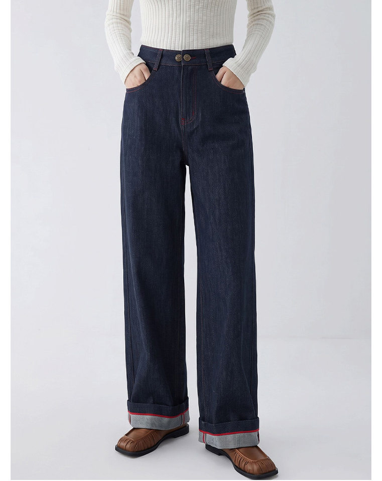 Quần jean ống rộng nữ lưng cao dáng suông dài phong cách thoải mái — Sâu denim xanh chi tiết 8
