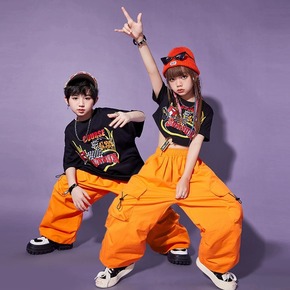 Orange hiphop dance costumes for girls boys Street trendy clothing Girls jazz dance stage performance outfits for kids 