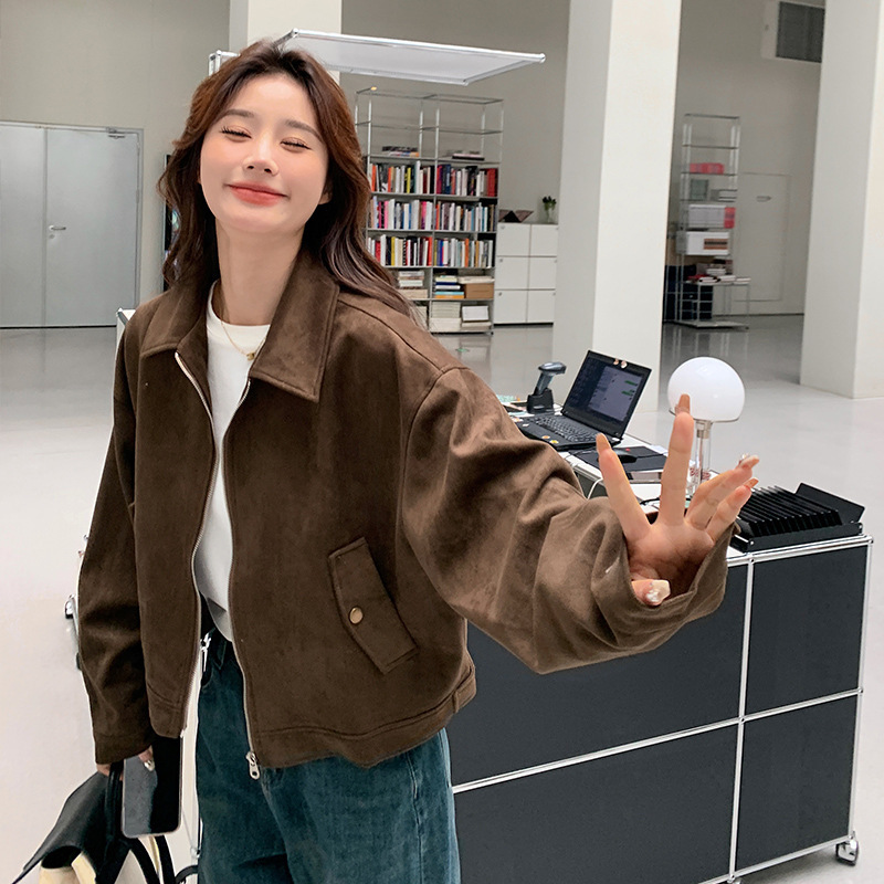 咖色美拉德麂皮绒外套女秋季2025新款美式复古小个子短款夹克上衣|undefined