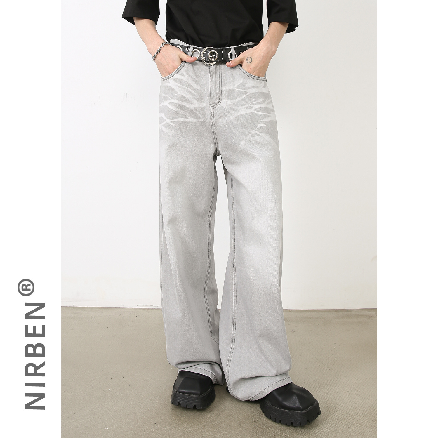 nirben牛仔|新品韩版宽松直筒牛仔男美式高级感猫须小众潮牌裤子