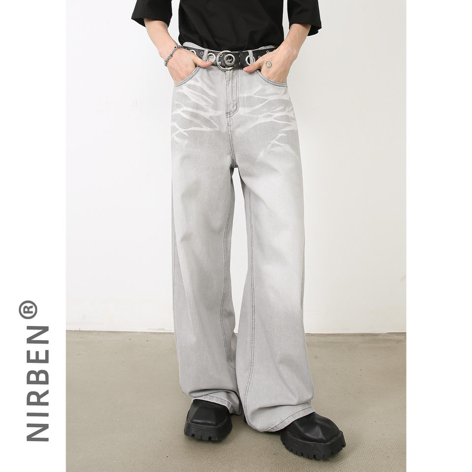 Quần jeans nam ống đứng rộng cạp vừa phong cách Hàn, vải denim râu mèo — Xanh lam nhạt, Xám nhạt