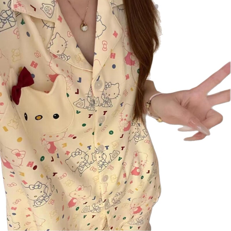 韓国風キャンディーカラー KT 猫かわいいスタイル漫画パジャマ女性のための夏の新しい大きいサイズ快適なカーディガン半袖ホーム|undefined