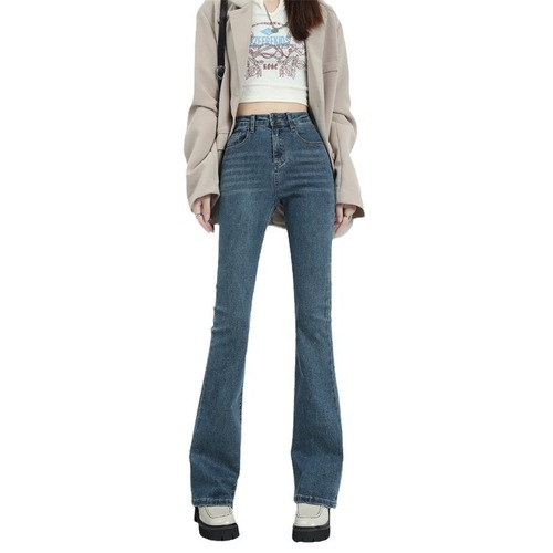 High-waisted stretch micro-ripped jeans for spring and autumn, slimming, height-enhancing, stylish, versatile, and elegant bell-bottom jeans.