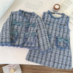 子供服ドロップシッピング冬の新しいスタイルツイードフレンチスタイルスーツベビー気質トップベストとスカート2枚