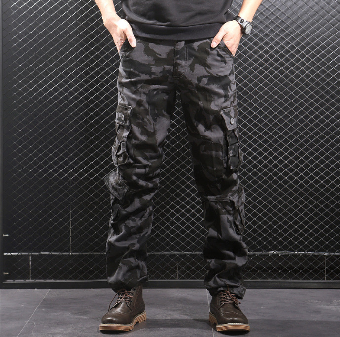 Otoño e Invierno nuevo multi-Bolsillo negro gris camuflaje guardapolvos hombres sueltos rectos más el tamaño resistente al desgaste pantalones casuales moda