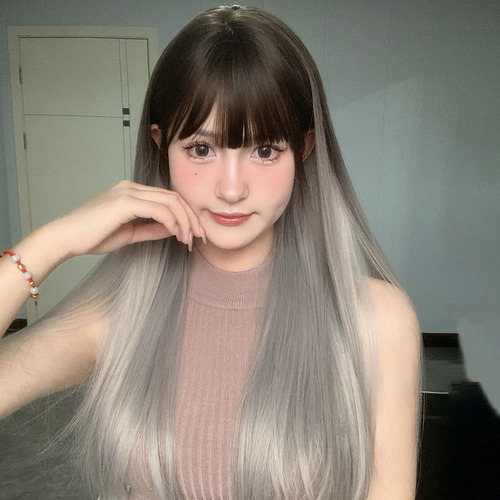 Cheng Ming wig female black brown gradient gray long straight hair round face natural fluffy sweet internet celebrity summer full headgear style