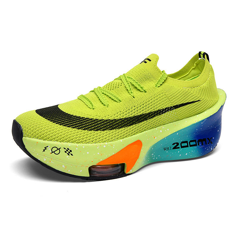 Giày chạy bộ marathon thoáng khí đế cao su, gót vừa 3–5 cm, cổ thấp — Tử Điện, Xanh dạ quang lót lông, Xanh huỳnh quang, Xanh lá phun mực
