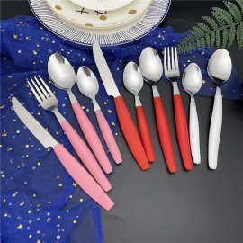 不锈钢塑料手柄餐具套装不锈钢刀叉勺糖果色塑料手柄16件套24件套