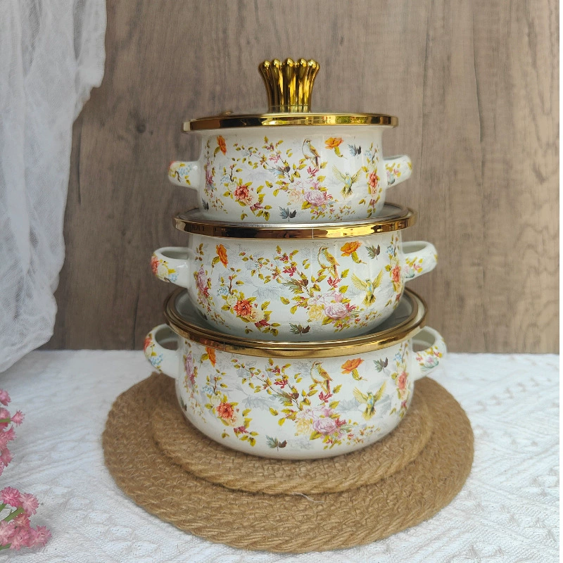 Thickened three-piece set of enamel enamel pot double-ear soup pot boiling pot instant noodles bowl small hot pot lard bowl household soup bowl