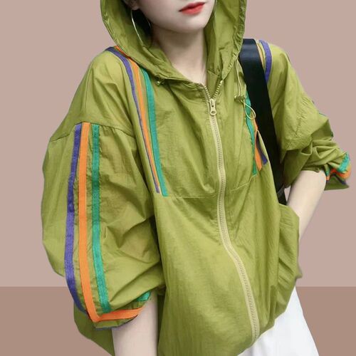 Korean-style European-style hooded sun-drying women's 2025 color-blocked patchwork summer new breathable versatile loose-fitting coat