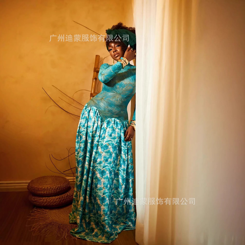 2026 European and American Style Ins Cross-Border Printed Splicing Women's Slightly See-Through A-Line Skirt High Collar Elastic Slim Long-Sleeved Dress