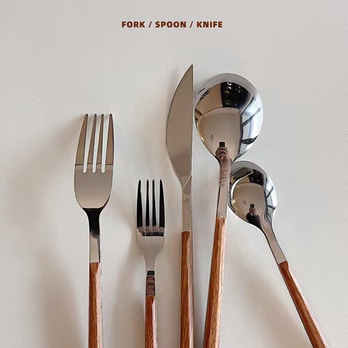 Japanese simple stainless steel imitation wooden handle knife, fork and spoon chopsticks ins style high-looking Western steak knife, fork and spoon set