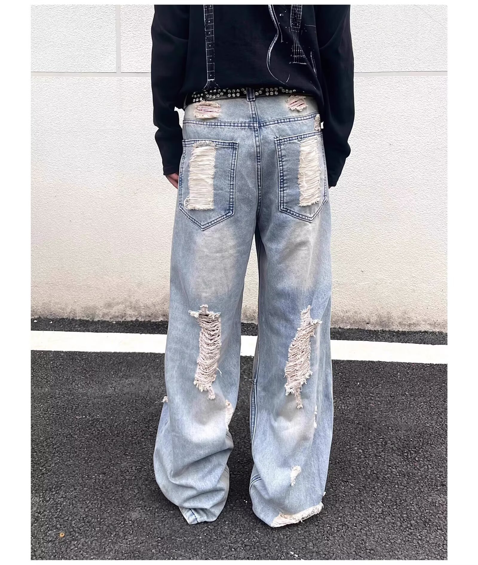 Men's American High Street Style Washed Ripped Jeans Loose Straight Leg Casual Edgy Slightly Flared Blue Mid Waist Zipper Fly_mkmklike.com