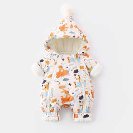 婴儿羽绒棉服连体衣卡通冲锋衣加绒加厚保暖哈衣宝宝圣诞帽衣服潮