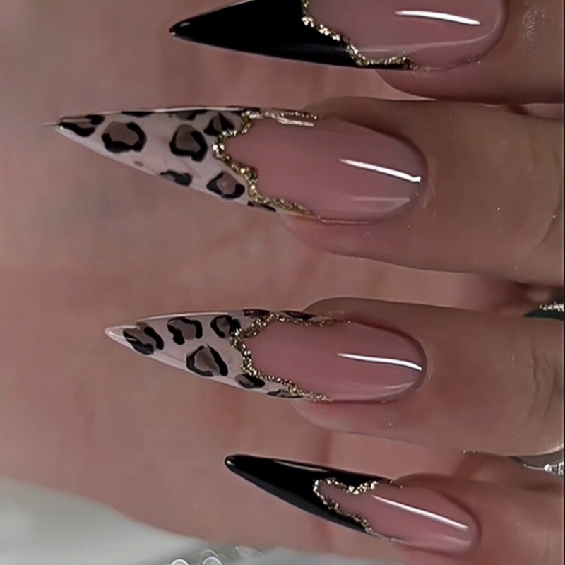 European and American Hot-Selling French-Style Leopard Print Black Patchwork Wearable Nails, Fashionable Hot Girl Fake Nail Tips, Long Pointed Nail Stickers European and American Hot-Selling French-Style Leopard Print Black Patchwork Wearable Nails, Fashionable Hot Girl Fake Nail Tips, Long Pointed Nail Stickers